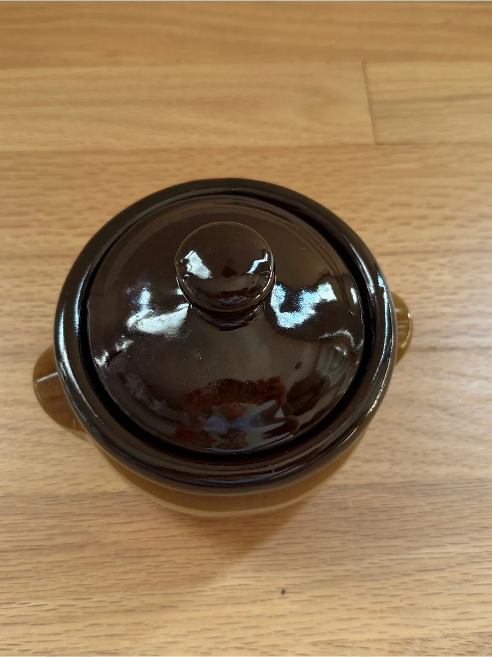 Vintage Two-Tone Stoneware Mini Bean Pot with Lid | 1.5 Cup (12 oz) Crock